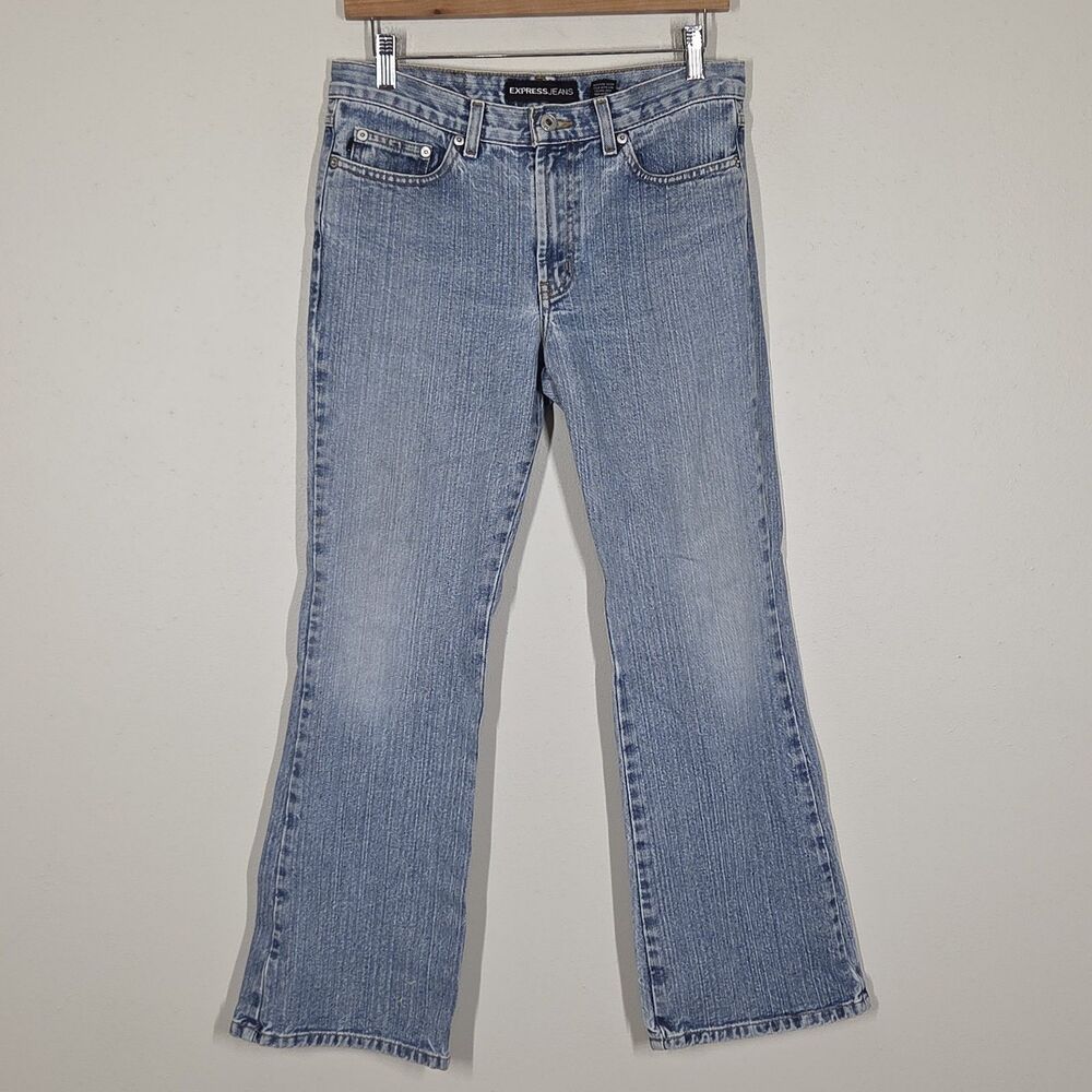 Vtg Y2K Express Light Wash Low Rise Flare Jeans 7 8 Short 100% Cotton